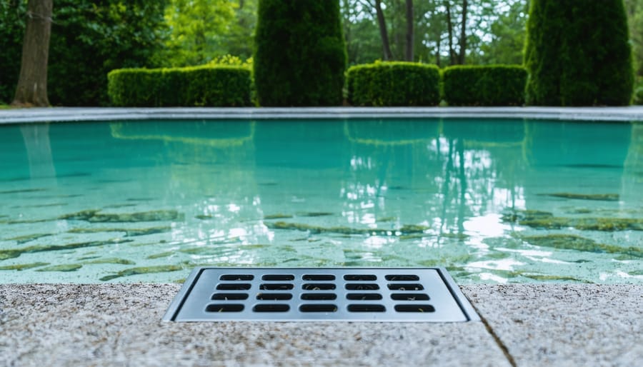 Bottom drain installed in koi pond floor showing water circulation