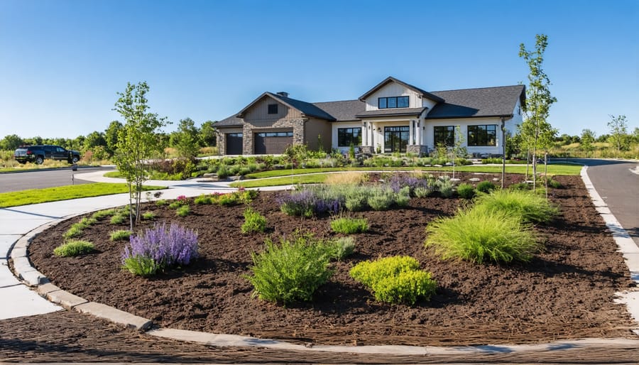 Overhead view of homeowner marking rain garden layout on lawn near house downspout