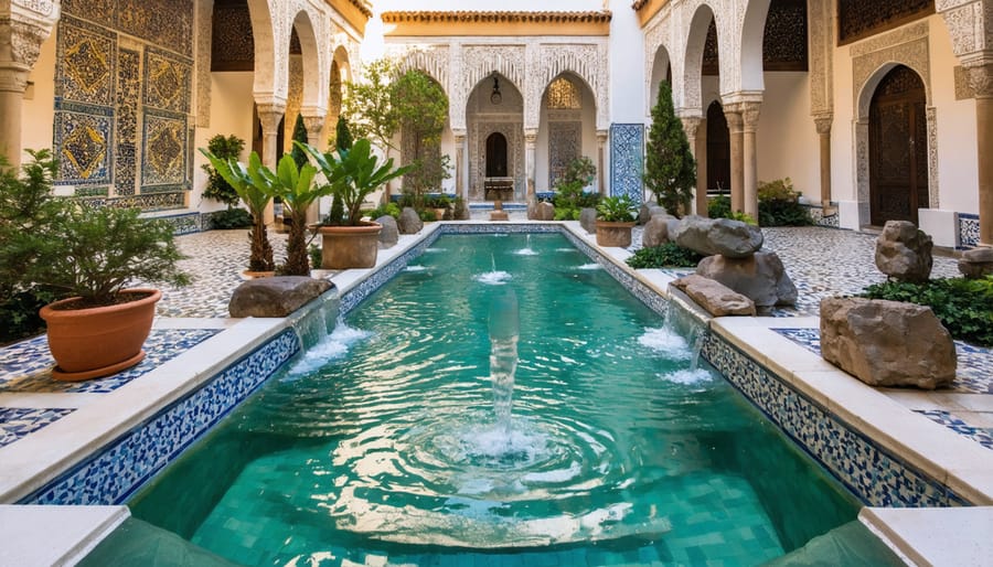 Moorish courtyard with decorative tiled water channel and fountain in compact space