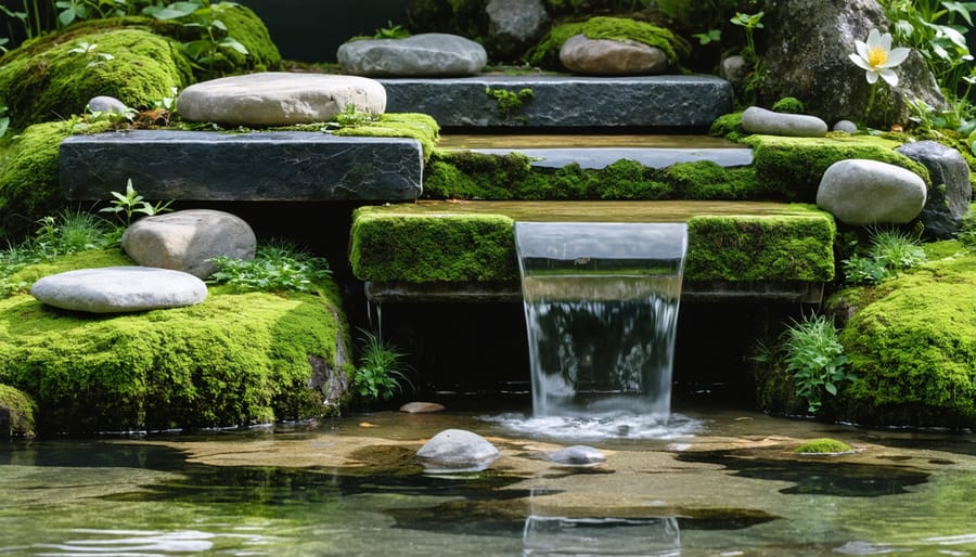 Vibrant green moss growing on weathered stones beside Japanese pond water