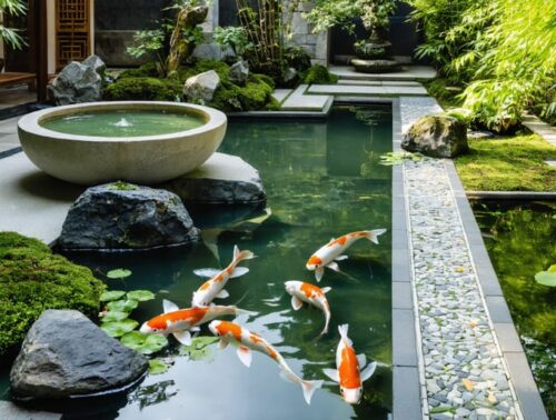 Courtyard water garden combining a Japanese tsukubai stone basin with bamboo spout, koi pond with lotus, Persian-style rill, and Moorish geometric-tiled fountain, photographed at golden hour with soft background of bamboo, palms, and arches.