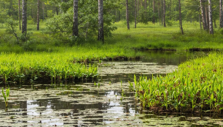 Natural pond edge with bog plants growing in shallow water creating transition zone