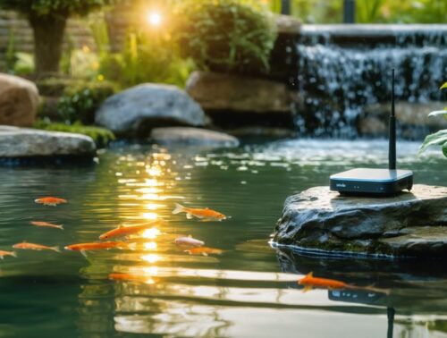 Eye-level photo of a backyard koi pond at golden hour with a small floating sensor buoy and a rock-mounted wireless hub beside a gentle waterfall, surrounded by lush plants and stones, illustrating subtle connected monitoring without visible text.