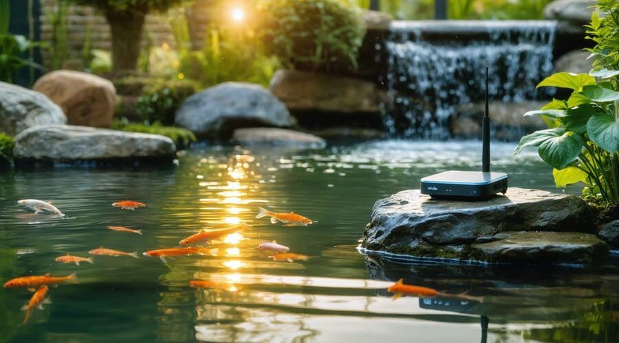 Eye-level photo of a backyard koi pond at golden hour with a small floating sensor buoy and a rock-mounted wireless hub beside a gentle waterfall, surrounded by lush plants and stones, illustrating subtle connected monitoring without visible text.