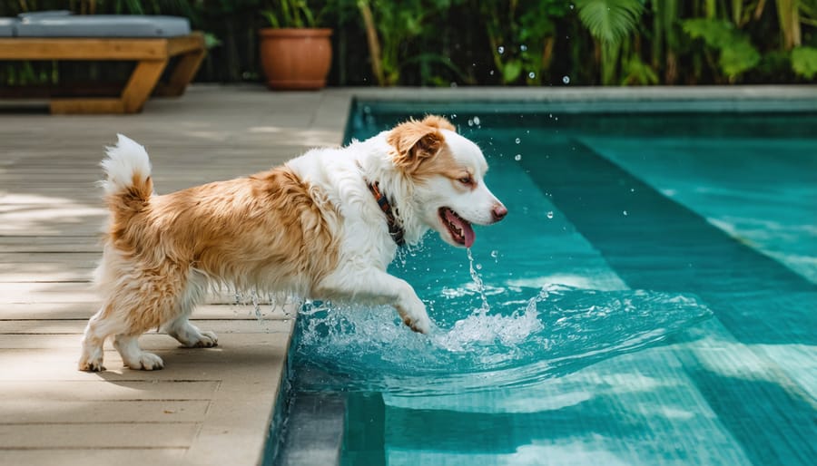 Dog at edge of pond with visible textured stone safety ramp for pet escape