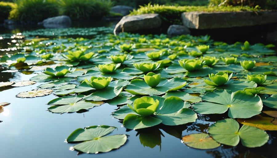 Pond water surface covered with green algae bloom from excessive light exposure