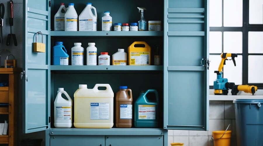 Eye-level view of an open metal cabinet with neatly arranged pond chemical containers, labels turned away, spaced apart and secured with a padlock, lit by soft side daylight, with a blurred distant shelf holding fish food and a pump.