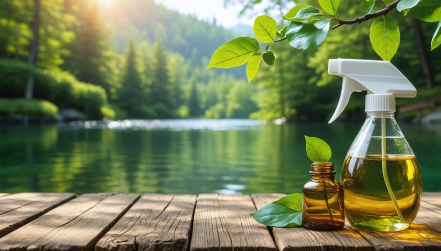 Assorted pond chemical bottles and containers stored on shelf near outdoor garden area