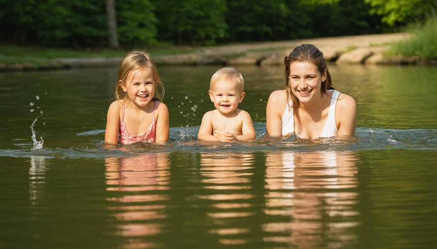 Parent supervising young child wearing life vest near backyard pond with safety features