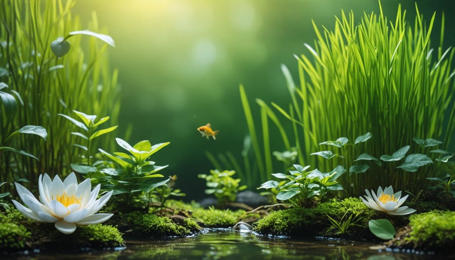 Koi fish swimming in clear pond water with visible organic matter and aquatic plants