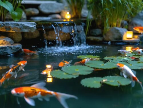 Split-level twilight photo of a backyard koi pond with warm underwater lights illuminating koi, lily pads, and aquatic plants, while garden stones, grasses, and a small waterfall softly recede in the background.