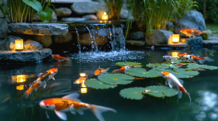 Split-level twilight photo of a backyard koi pond with warm underwater lights illuminating koi, lily pads, and aquatic plants, while garden stones, grasses, and a small waterfall softly recede in the background.