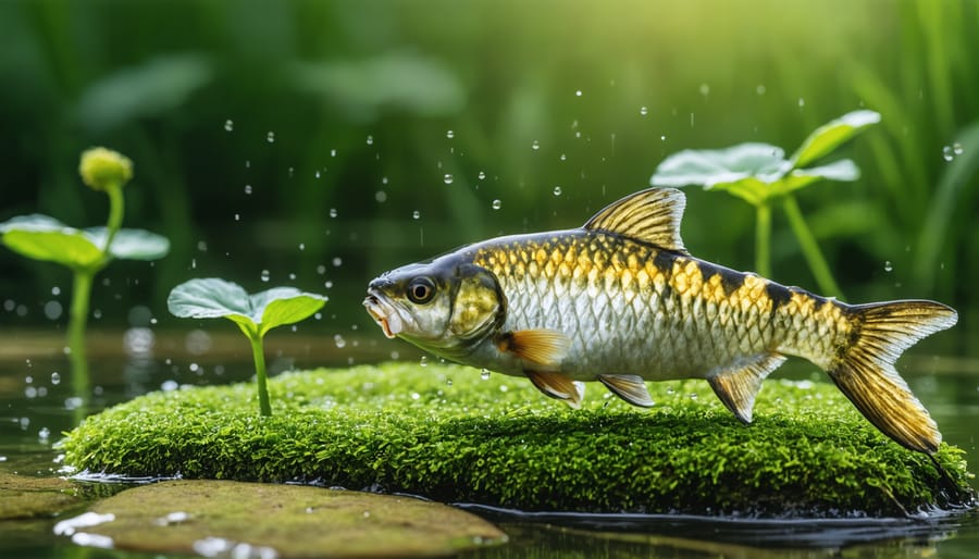 Pond owner testing water quality and observing koi fish behavior in backyard garden pond