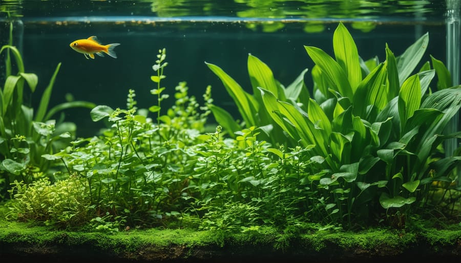 Underwater view of pond plants releasing oxygen bubbles during photosynthesis