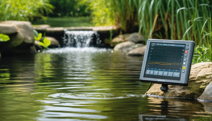 Pond owner checking smartphone app while relaxing beside backyard pond