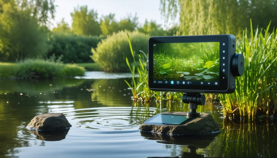 Backyard pond with wireless monitoring sensors installed on floating platform and rocks
