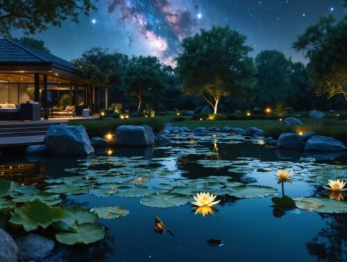Nighttime backyard pond with still water reflecting the Milky Way, stones and water lilies lit by downward-facing amber LEDs, silhouetted trees and a darkened house in the background.
