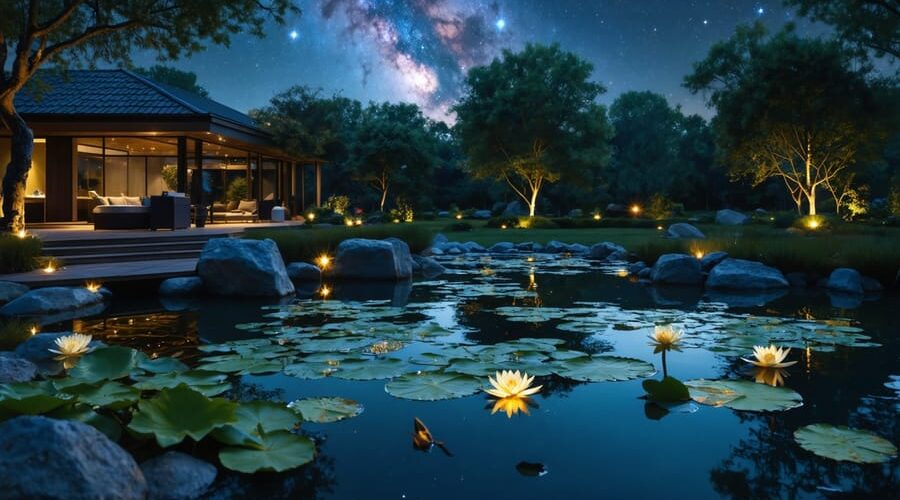 Nighttime backyard pond with still water reflecting the Milky Way, stones and water lilies lit by downward-facing amber LEDs, silhouetted trees and a darkened house in the background.