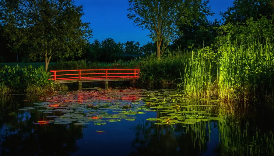 Shielded amber pathway lights and red LED accents illuminating pond edge at night