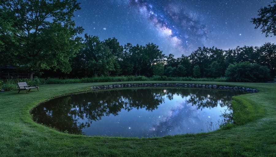 Backyard pond reflecting stars and Milky Way with koi fish visible in dark water