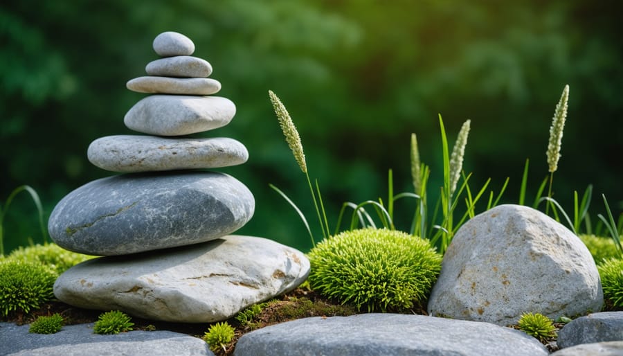 Layered pond edge design showing textural contrast between smooth stones, ornamental grasses, and weathered boulder