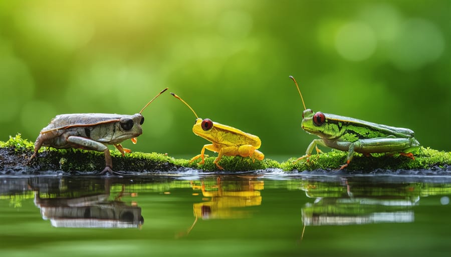 Cross-section view of pond showing surface plants, fish in middle zone, and bottom substrate
