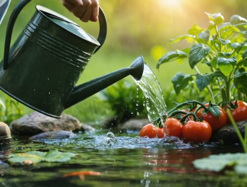 Hand pouring slightly green pond water from a watering can onto tomato plants, with a small backyard pond, lily pads, and rocks softly blurred in warm golden hour light.