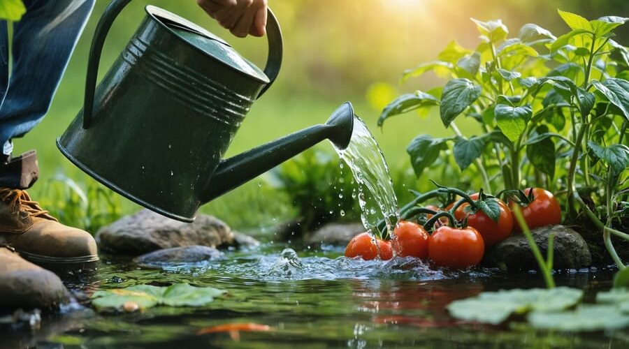 Hand pouring slightly green pond water from a watering can onto tomato plants, with a small backyard pond, lily pads, and rocks softly blurred in warm golden hour light.