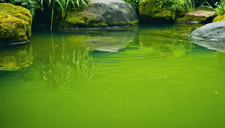 Glass container of pond water being poured onto garden soil near vegetable plants