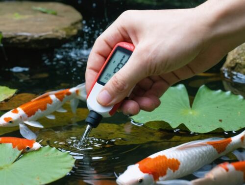 Hand holding a waterproof digital water quality meter with the probe dipping into a clear koi pond as orange-and-white koi swim below, lily pads nearby, and blurred garden stones and plants in the background.