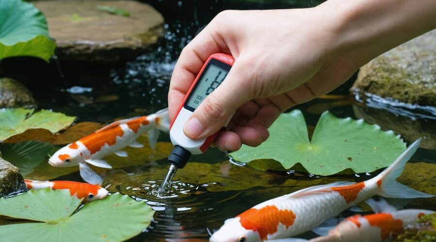 Hand holding a waterproof digital water quality meter with the probe dipping into a clear koi pond as orange-and-white koi swim below, lily pads nearby, and blurred garden stones and plants in the background.