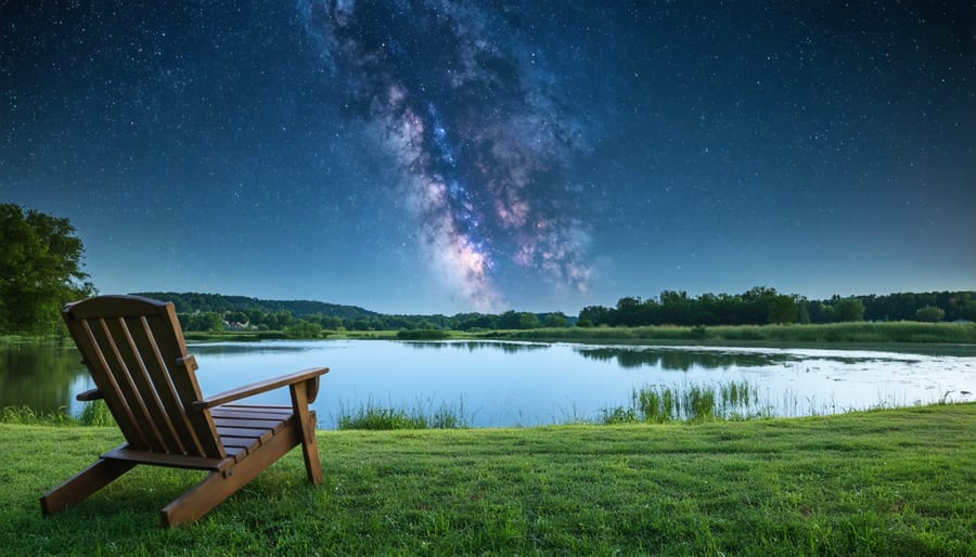 Reclining chair setup beside pond with blanket and binoculars for stargazing