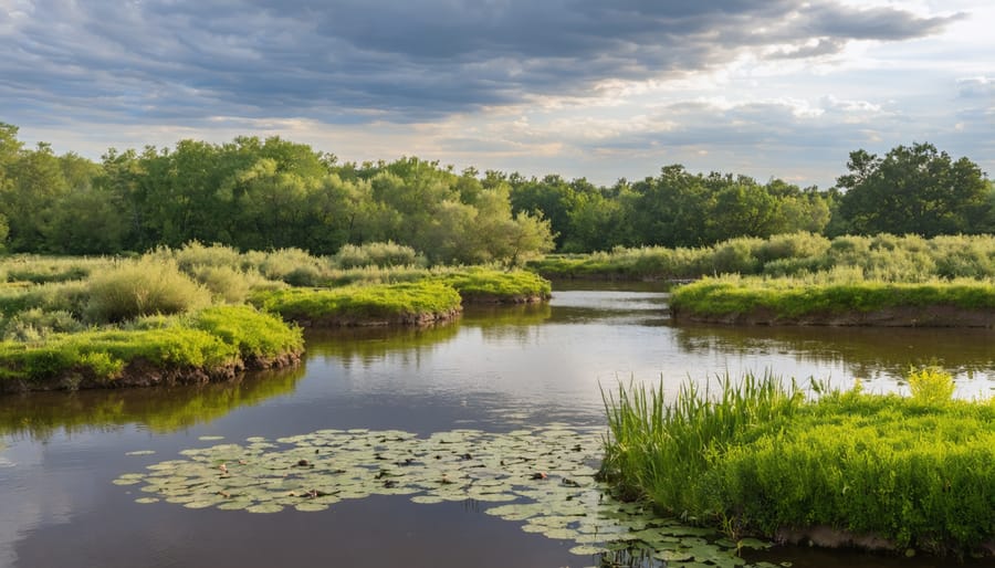 Protected pond design featuring stone overhangs, deep areas, and aquatic plant cover