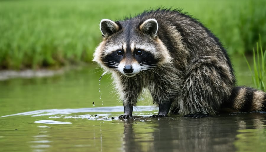 Close-up of raccoon paws reaching into pond water showing hunting behavior