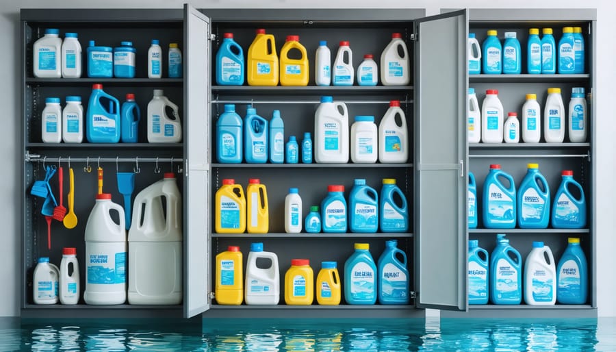 Person with protective glove accessing pond chemical from organized storage cabinet