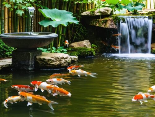 Eye-level view of a Japanese-inspired backyard pond with a bamboo shishi-odoshi tipping into a stone basin, koi beneath water lilies, and a small rock waterfall glowing in golden-hour light.