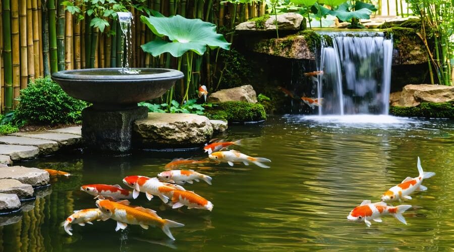 Eye-level view of a Japanese-inspired backyard pond with a bamboo shishi-odoshi tipping into a stone basin, koi beneath water lilies, and a small rock waterfall glowing in golden-hour light.