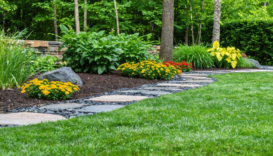 Established residential rain garden with colorful native flowering plants and visible basin shape in suburban yard