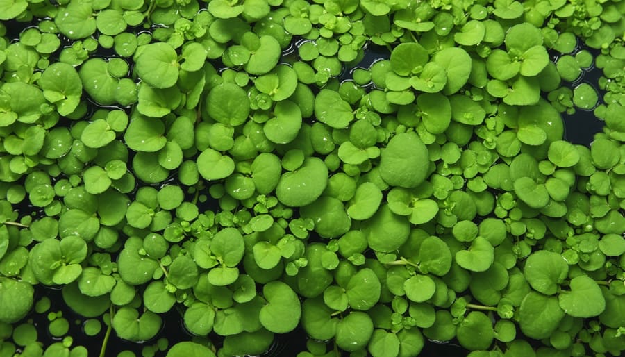 Close-up of watercress plants with rounded leaves growing in clear shallow water