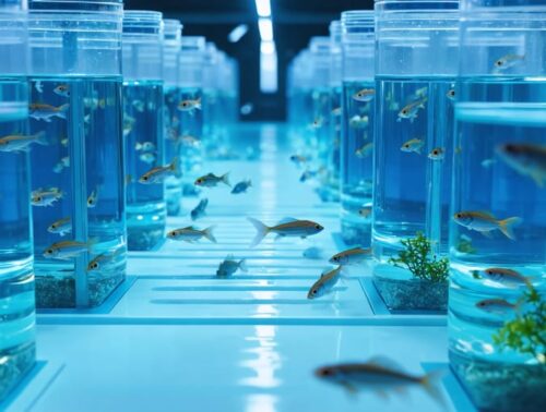 Rows of rack-mounted aquaria with zebrafish in a clean research facility, sharp focus on foreground tanks with blurred background racks, lab lighting, tubing, and subtle greenery visible through a distant window