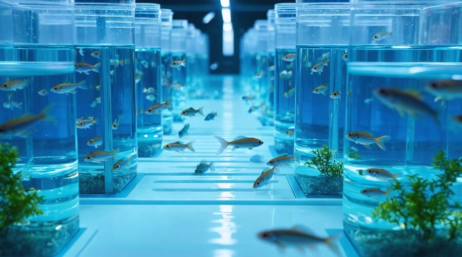 Rows of rack-mounted aquaria with zebrafish in a clean research facility, sharp focus on foreground tanks with blurred background racks, lab lighting, tubing, and subtle greenery visible through a distant window