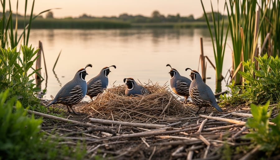 Hands placing natural dried grass nesting materials into quail nesting box
