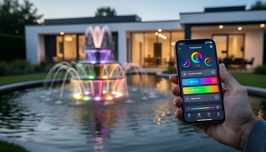 Smartphone controlling interactive pond fountain features via mobile app