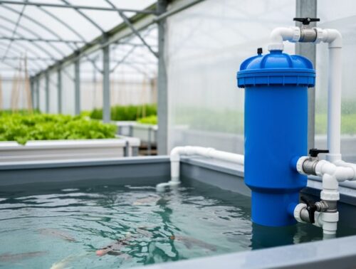 Eye-level close-up of a blue radial flow separator solids filter plumbed with PVC beside a clear fish tank in a greenhouse, with water swirling inside the filter and blurred leafy green grow beds in the background.