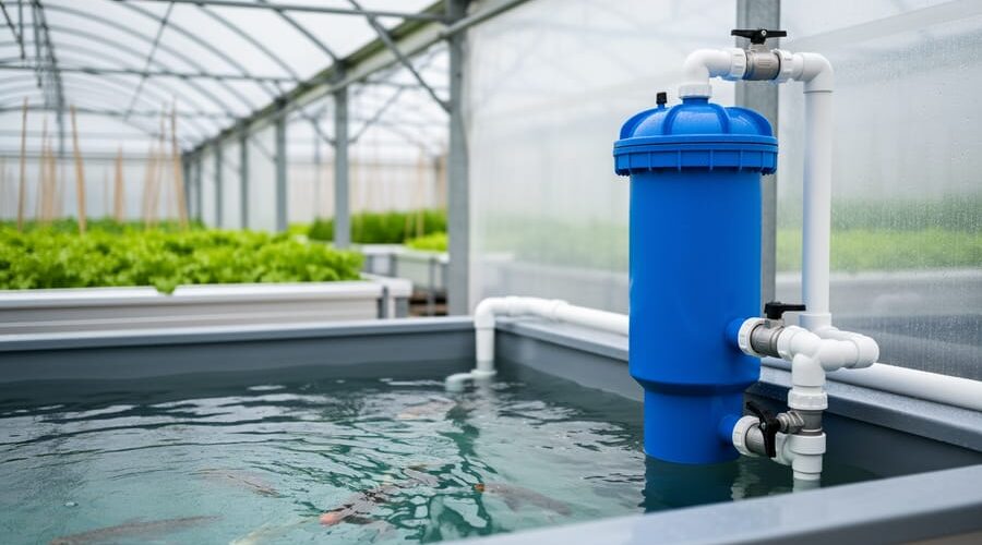 Eye-level close-up of a blue radial flow separator solids filter plumbed with PVC beside a clear fish tank in a greenhouse, with water swirling inside the filter and blurred leafy green grow beds in the background.