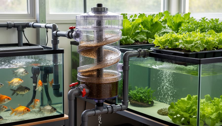 Blue cylindrical swirl filter installed in aquaponics system with visible plumbing connections
