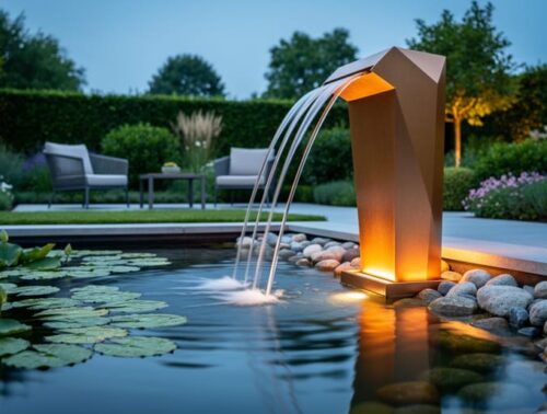 Modern bronze geometric fountain with laminar water arcs into a backyard pond at twilight, bordered by lily pads and river stones with warm garden lights and patio seating softly visible in the background