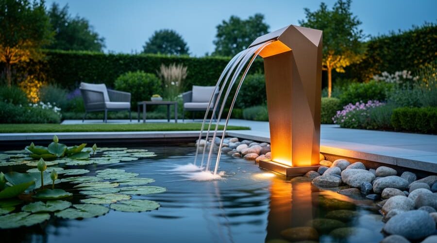 Modern bronze geometric fountain with laminar water arcs into a backyard pond at twilight, bordered by lily pads and river stones with warm garden lights and patio seating softly visible in the background