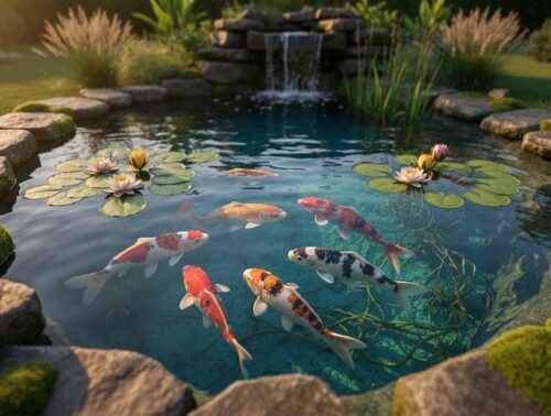 Balanced backyard pond with clear water showing koi, water lilies, and submerged oxygenating plants, bordered by mossy rocks, with a small waterfall and garden softly blurred in the background under golden-hour light.