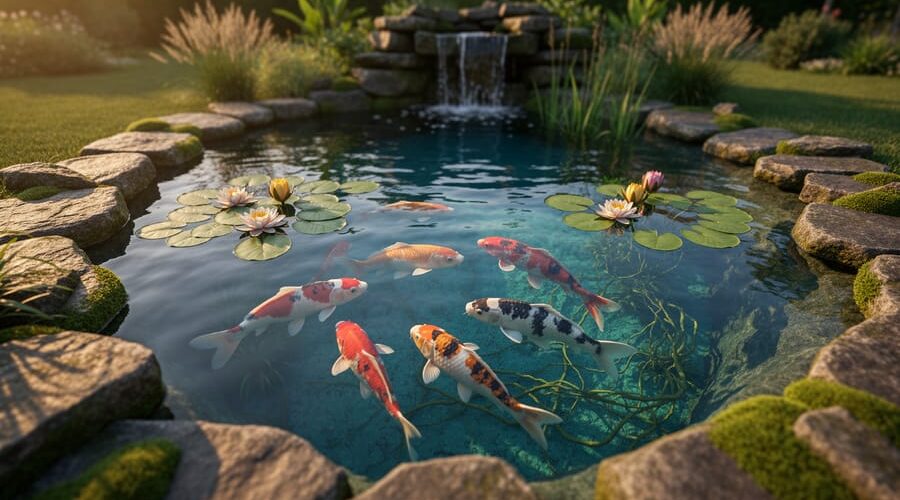 Balanced backyard pond with clear water showing koi, water lilies, and submerged oxygenating plants, bordered by mossy rocks, with a small waterfall and garden softly blurred in the background under golden-hour light.